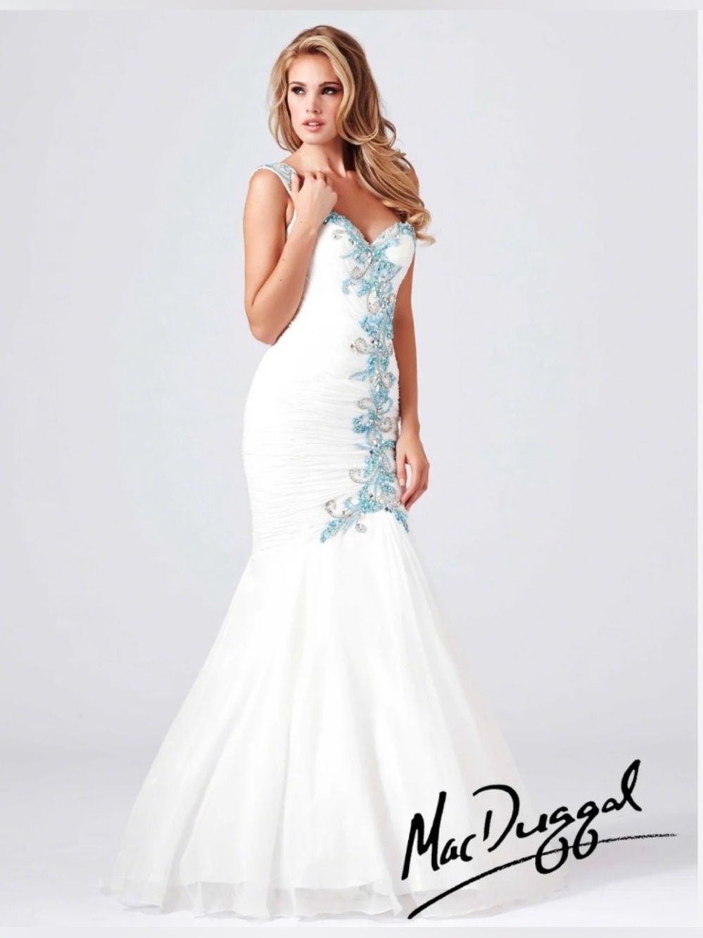 Mac Duggal White Mermaid Gown with Blue Appliqué. New With No Tag.